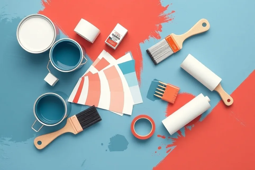 Pots de peinture, nuancier, brosses et rouleaux disposés à plat