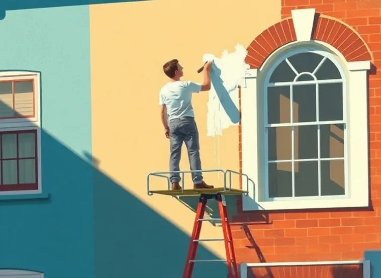 Peintre sur échafaudage traitant la façade d'une maison