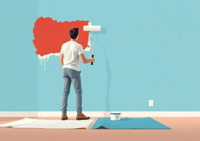 Peintre appliquant la peinture au rouleau sur un mur de salon